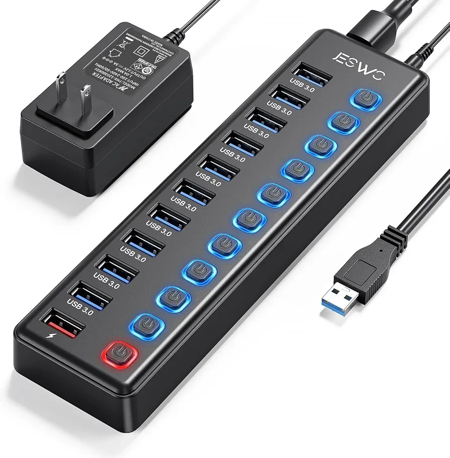 Extension JeSWO 11 Puertos Hub USB 3.0, 10 Puertos Multi USB 3.0 Hub + 1 Puerto de Carga's foto | Compu Solution |  BizneCubano
